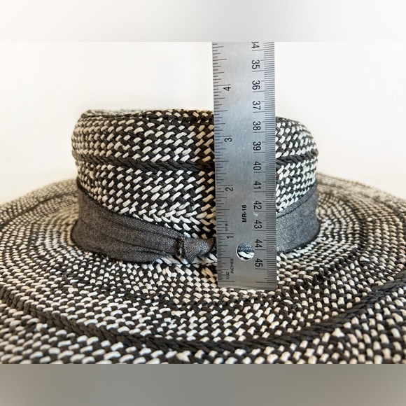 BCBG Generation black & white woven 100% Paper floppy Sun hat grey ribbon OS - Picture 6 of 10